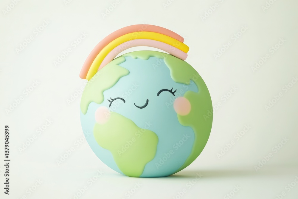 Obraz premium A happy cartoon Earth with a rainbow, symbolizing environmental care and optimism for a sustainable future.
