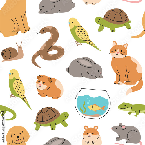 Seamless pattern with cute pets: cat, dog, rabbit, guinea pig, hamster, rat, parrot, fish, snake, turtle, lizard and snail. Cartoon domestic animals. Vector flat illustration on white background