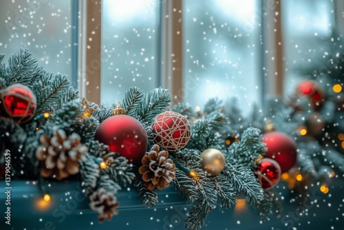 Festive Holiday Decorations on a Windowsill With Snow Falling Outside During ...