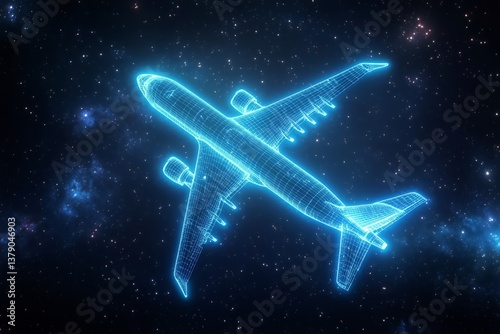 Futuristic Airplane Graphic in Neon Colors Against Cosmic Background With Glo...