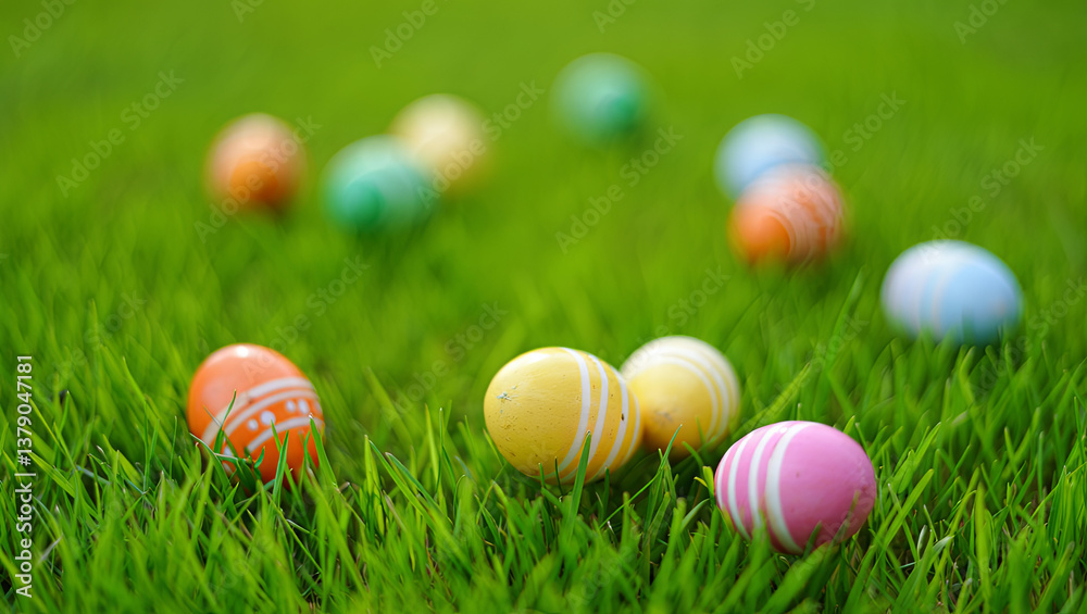 Fototapeta premium Brightly colored Easter eggs lie scattered across lush green grass. This lively scene captures a festive and cheerful atmosphere during a spring holiday celebration