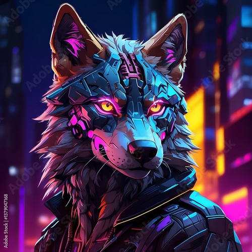Cyberpunk wolf. Graphics for prints.