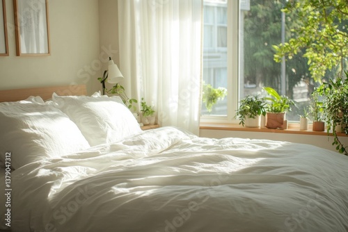 Bright and cozy bedroom with plants and morning sunlight streaming through the windows