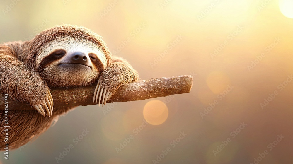 Obraz premium A sloth is perched on a tree branch with its head reclined and eyes shut