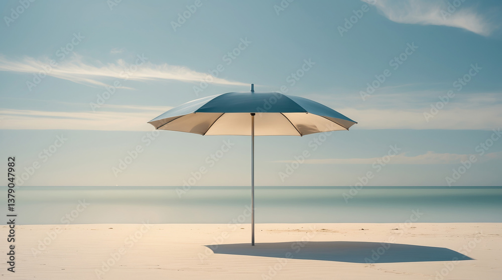 Beach umbrella stands alone on the shore under a clear sky with gentle waves in the background Beach umbrella stands alone on the shore under a clear sky with gentle waves in the background