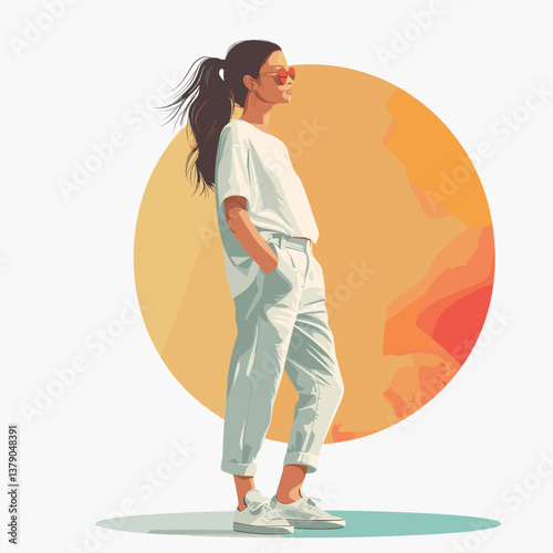 Vector illustration of a beautiful girl in a white T-shirt