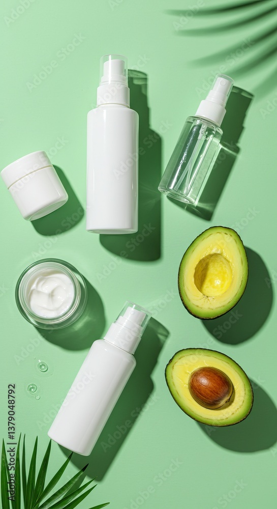 Natural skincare products with avocado and essential oils on green background
