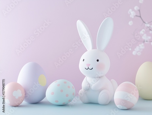 easter bunny and easter eggs simple background in kawaii 3d render style, cute, pastel colors, space for text