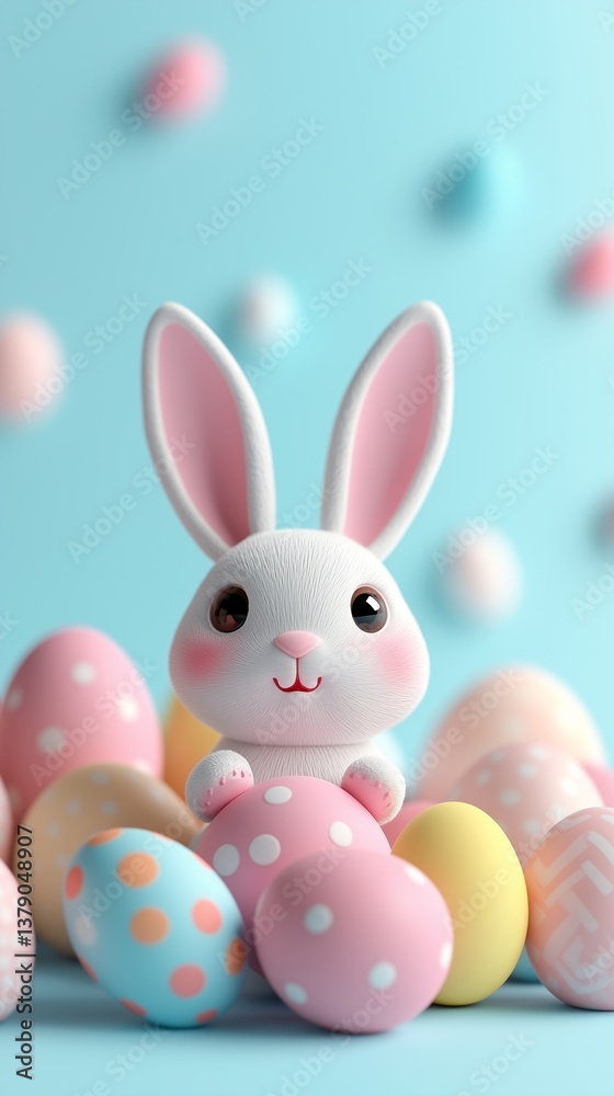 easter bunny and easter eggs simple background in kawaii 3d render style, cute, pastel colors, space for text easter bunny and easter eggs simple background in kawaii 3d render style, cute, pastel colors, space for text