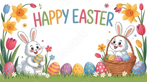 Cute Happy Easter Greeting Card with Bunny and Eggs