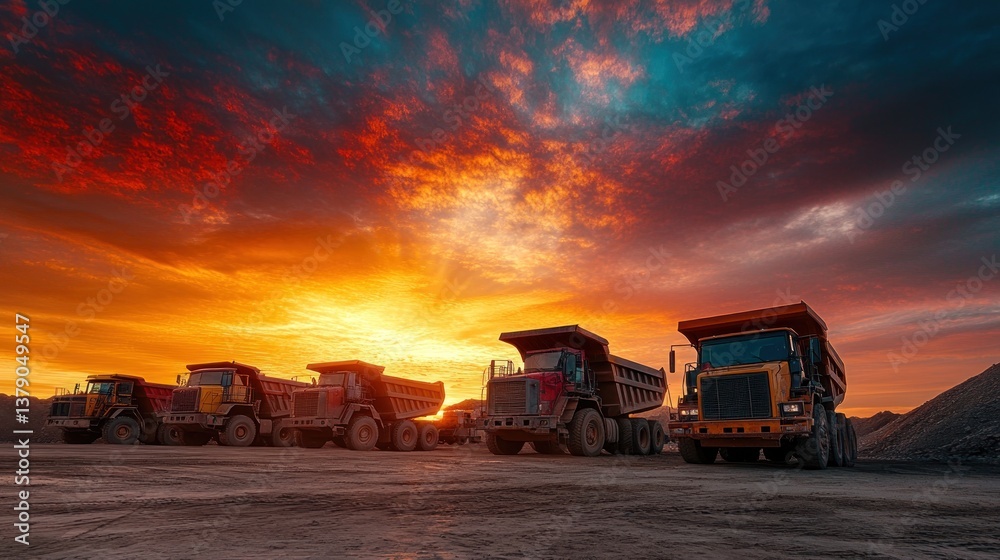 Mining Vehicle Fleet Parked at Sunset Offering a Vibrant and Dynamic Scene Mining Vehicle Fleet Parked at Sunset Offering a Vibrant and Dynamic Scene