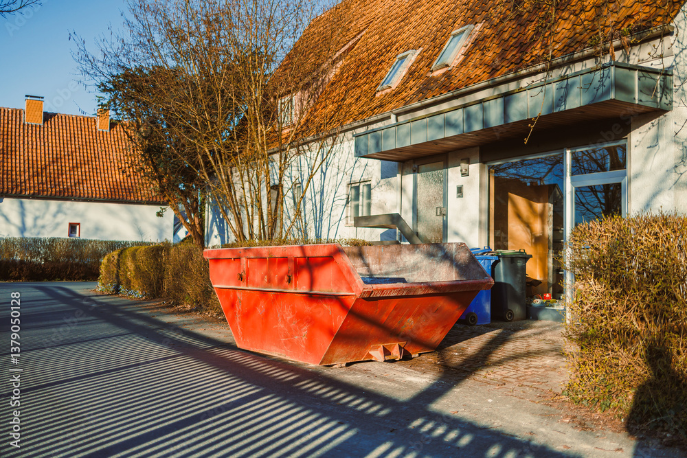 Large metal container for construction waste. Container stands near the house to remove waste after renovation. Removal of construction waste.