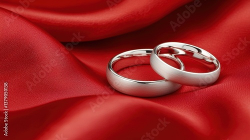 Elegant wedding rings on luxurious red silk romantic setting jewelry photography close-up love and commitment