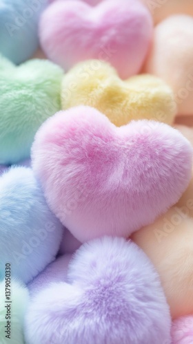Colorful plush heart shapes soft textures indoor setting playful atmosphere close-up view love and comfort concept