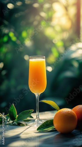 Bright Orange Juice in a Glass With Fresh Oranges and Green Leaves on a Table...