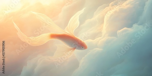 Golden fish floating in soft dreamlike clouds
