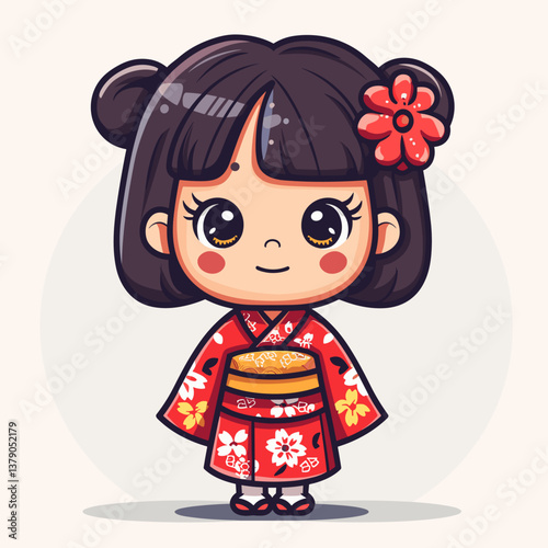 cartoon character of a japanese girl in traditional costume 