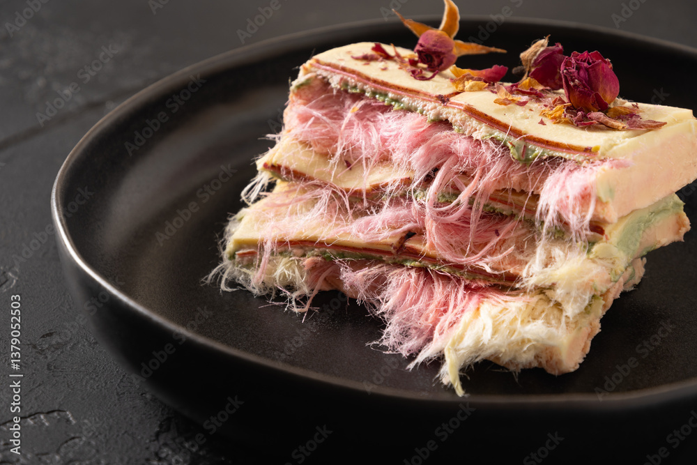 Trendy white, pink chocolate with layer of pink pismaniye in plate on black background. Tasty delicate dessert. Close up.