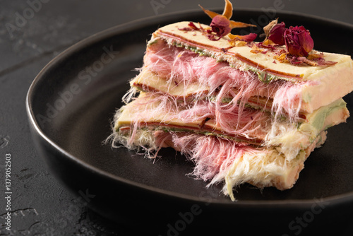 Obraz na płótnie Trendy white, pink chocolate with layer of pink pismaniye in plate on black background. Tasty delicate dessert. Close up. w salonie