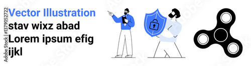 Two professionals discussing data security beside a shield with a lock icon and a fidget spinner. Ideal for cybersecurity, teamwork, safety, technology, protection, innovation, simple landing page
