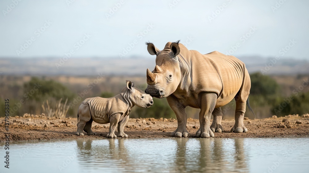 Mother and Calf Rhinoceros by Waterhole Mother and Calf Rhinoceros by Waterhole