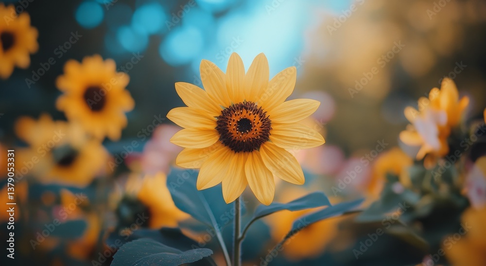 Naklejka premium Sunflower Blooms in a Vibrant Field During Golden Hour Near a Tranquil Landscape