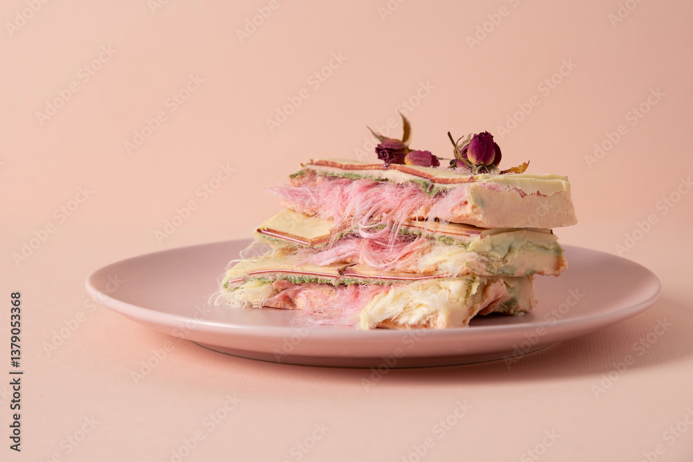 Trendy delicate white, pink chocolate with layer of white and pink pismaniye on pink background. Tasty dessert. Close up.