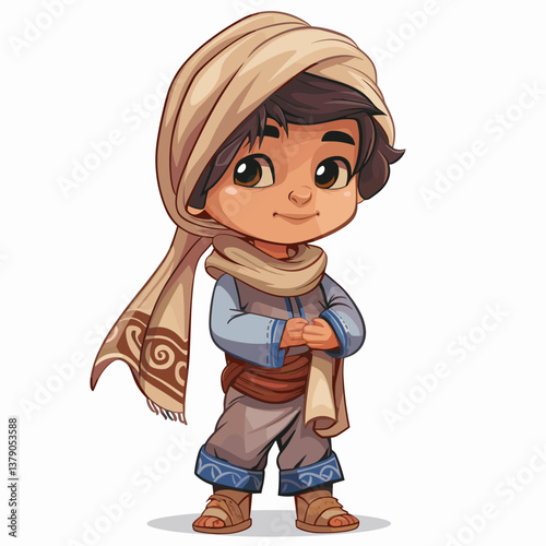 Cute little Muslim boy in traditional clothes. Vector illustration.