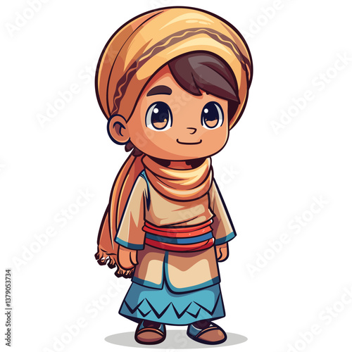 Cute Indian boy in turban. Vector cartoon illustration.