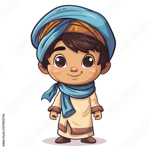 Cute Indian boy in turban. Vector cartoon illustration.