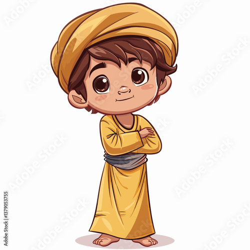 Cute Indian boy in turban. Vector cartoon illustration.