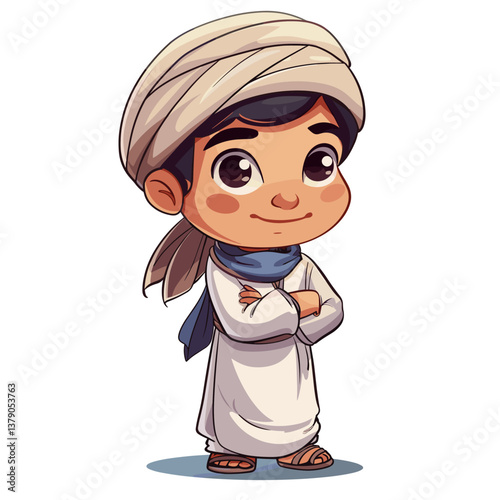 Cute Indian boy in turban. Vector cartoon illustration.