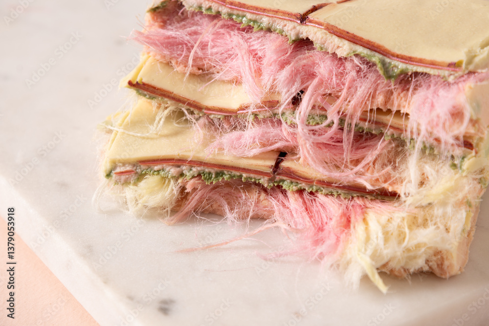 Trendy pink chocolate with airy filling on marble board. Close up.