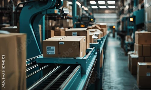 Packages move along conveyor belt in warehouse with robotic arm overseeing automated logistics operation