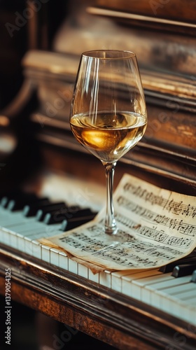 Elegant Wine Glass Rests on Sheet Music Atop a Vintage Piano During a Cozy Ev...