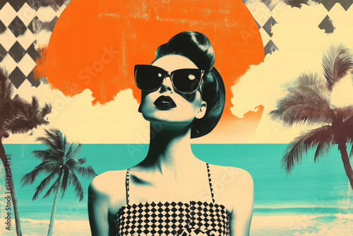Collage Retro dreamy beach art sunglasses portrait.
