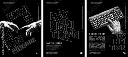 Monochromatic posters EXHIBITION typography stippled pixelated hands and keyboard high-contrast black-and-white aesthetic deesign set