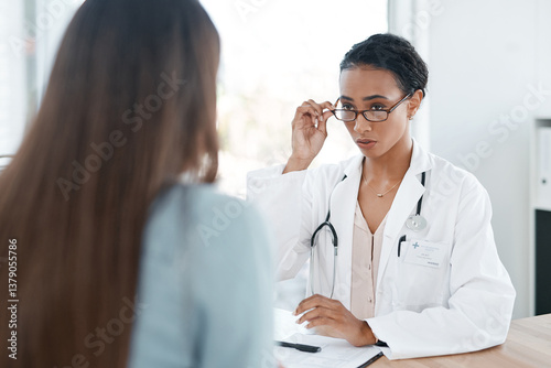 Doctor, patient and woman for consultation in office with discussion, gynecology checklist and medical advice. People, healthcare and documents for exam results, fertility clinic and surgery planning