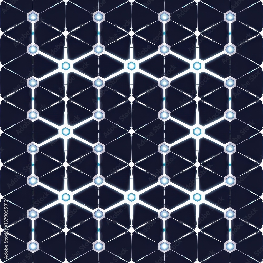 Fototapeta premium Geometric pattern featuring interconnected hexagons and circles in a dark background, creating a modern, abstract design.
