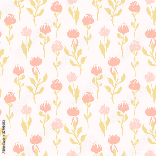 Seamless pattern with hand drawn pastel flowers. Loose botanical repeat background. Rough florals wallpaper.