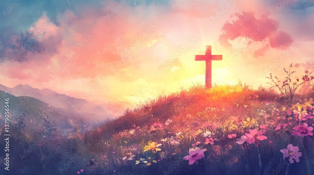 Obraz premium Serene watercolor sunrise with cross amidst a vibrant meadow landscape