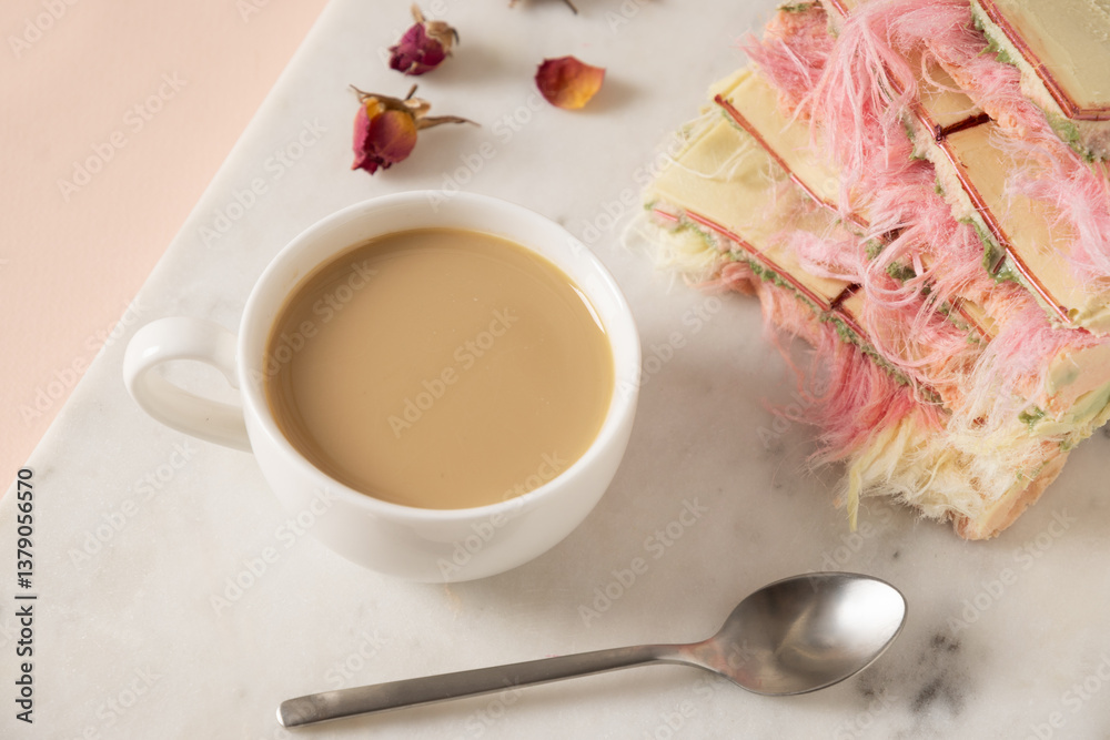 Tasty trendy breakfast with handicraft coffee and pink chocolate with airy filling white and pink pismaniye on marble board. Close up.