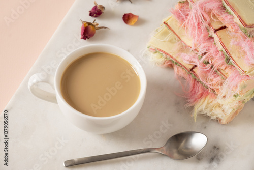 Obraz na płótnie Tasty trendy breakfast with handicraft coffee and pink chocolate with airy filling white and pink pismaniye on marble board. Close up. w salonie