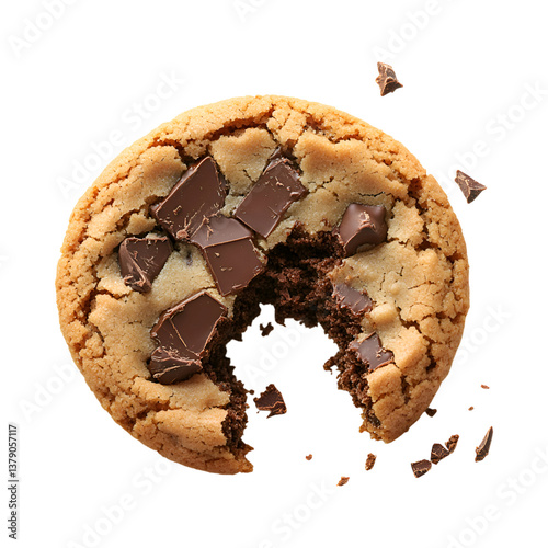 Close Up of Half Eaten Chocolate Chip Cookie Isolated on Transparent Background