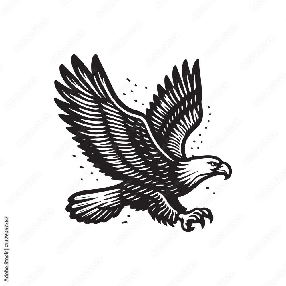 Obraz premium Simple Bald Eagle Flying Vector Icon – Vintage Logo & Rustic Illustration