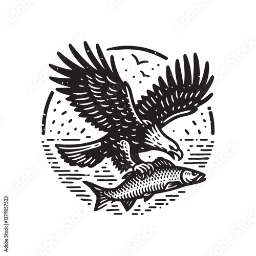 Simple Bald Eagle Catching Fish Vector Icon – Vintage Logo & Rustic Illustration