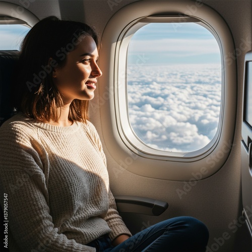 young woman is traveling by plane with her face looking out the plane window