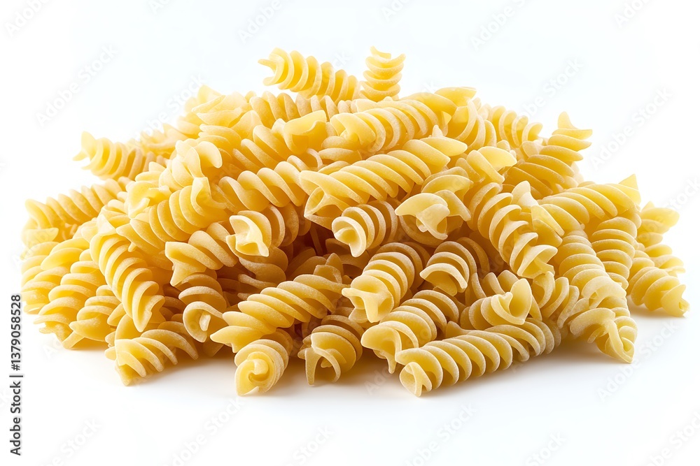A pile of raw fusilli pasta with a spiral shape and smooth texture, sharp lighting, hyper-realistic, isolated on solid white background. A pile of raw fusilli pasta with a spiral shape and smooth texture, sharp lighting, hyper-realistic, isolated on solid white background.