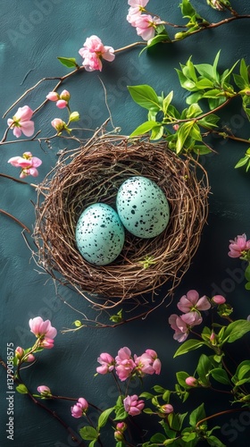 Nest With Speckled Eggs Surrounded by Flowers and Greenery on a Textured Surface