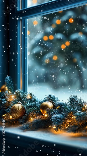 Snowy Winter View Through a Decorated Window With Lights and Ornaments